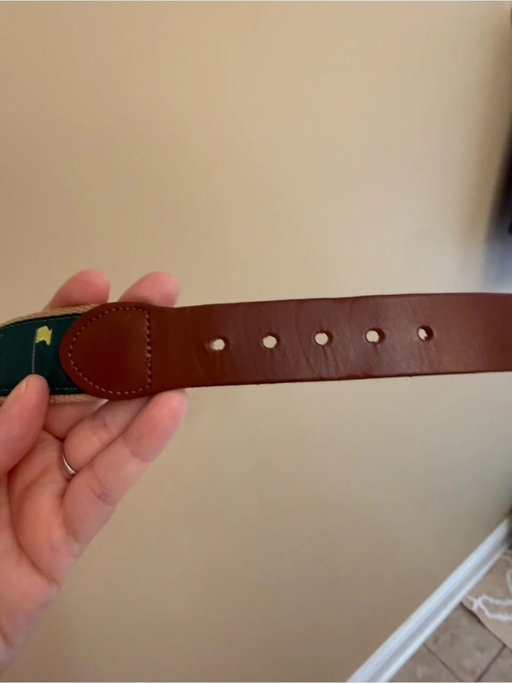 Men's Green Woven Belt with Brown Leather Trim